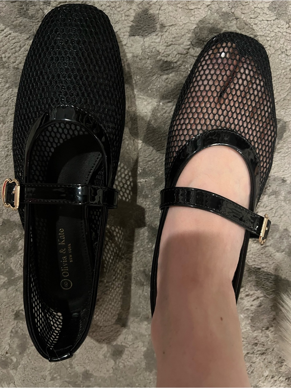 Olivia & Kate Black Mesh Mary Jane Flats with Patent Trim